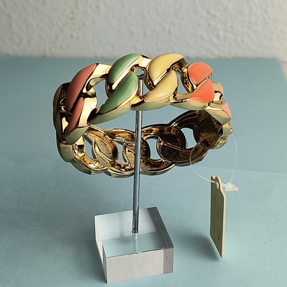 Statement Chain Link Glaze Hinged Bangle Bracelet Oval Multicolor Gold M…